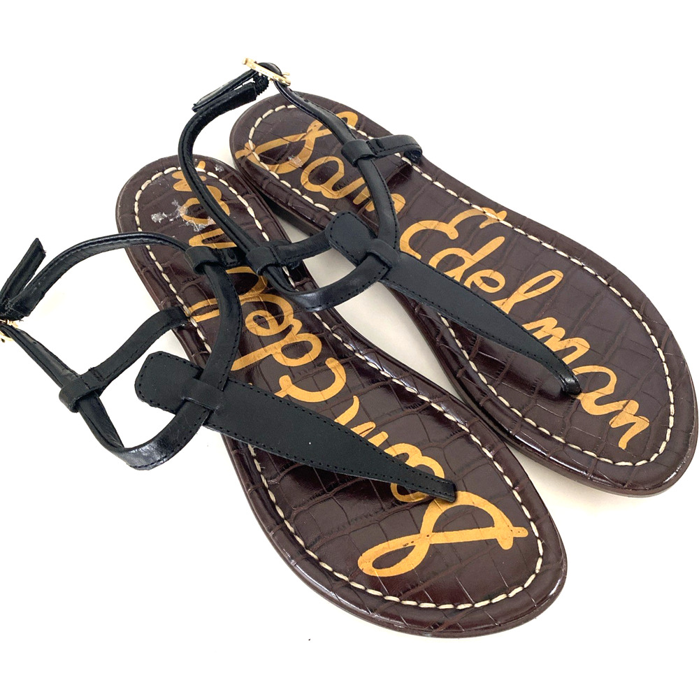 Sam Edelman Gigi Leather T Strap Flat Sandal Thong Toe Ankle Strap Black 5.5